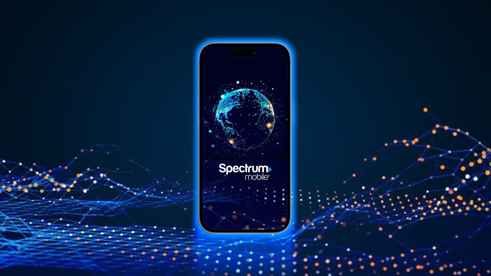 A phone showing Spectrum Mobile and a globe, standing on a wave of blue and orange points