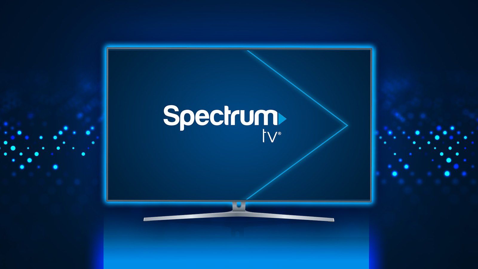A television on a dark blue ground showing the Spectrum TV logo, edged in blue light