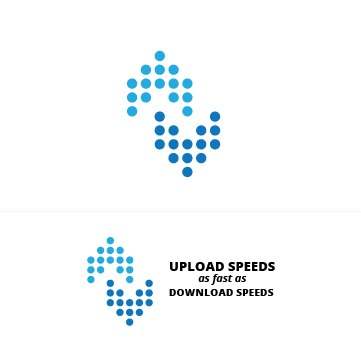 Icon over the words Upload speeds as fast as download speeds: two arrows made of dots, one up and one down
