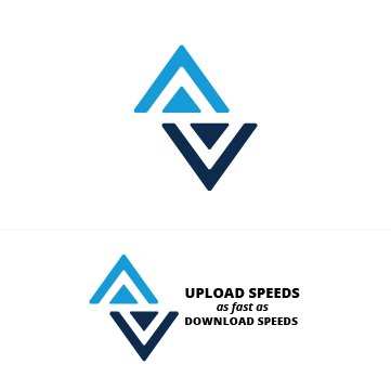 Icon over the words Upload speeds as fast as download speeds: a chevron pointing up over a chevron pointing down