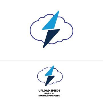 Icon over the words Upload speeds as fast as download speeds: a lightning bolt across a cloud