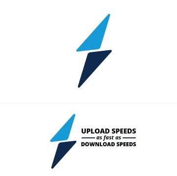 Icon over the words Upload speeds as fast as download speeds: a lightning bolt split in two