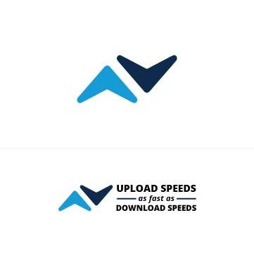 Icon over the words Upload speeds as fast as download speeds: two chevrons side by side
