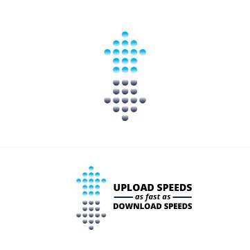 Icon over the words Upload speeds as fast as download speeds: an arrow made of dots pointing up