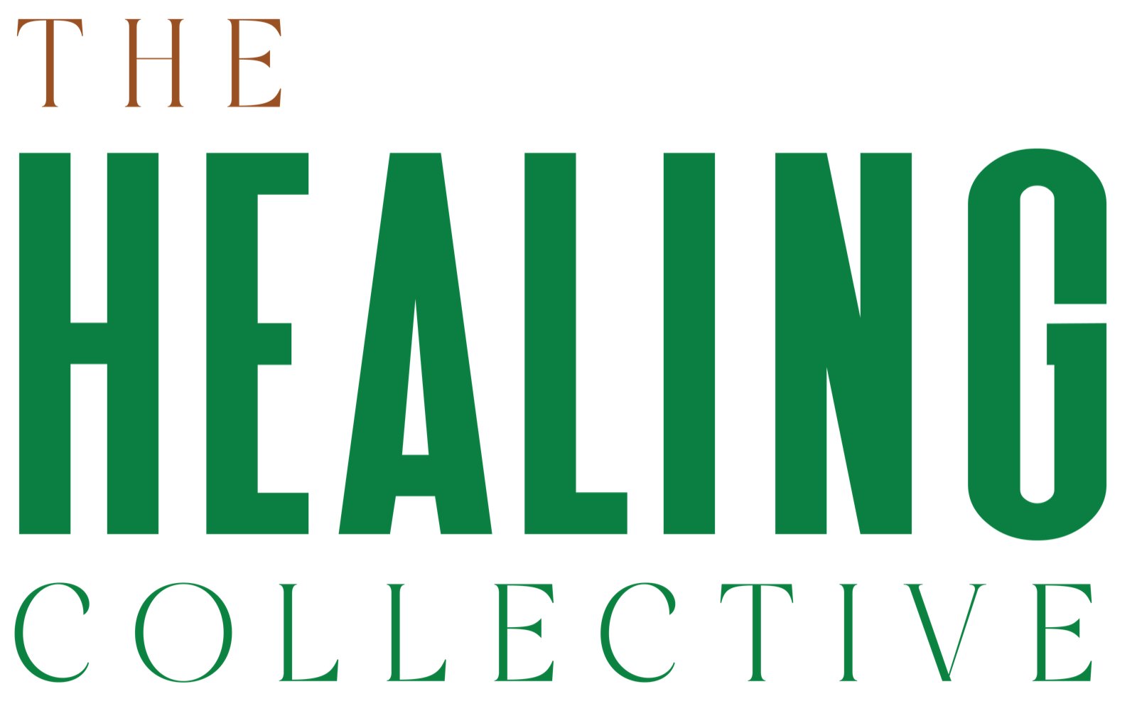 Colour study 2 of 9: The Healing Collective wordmark in a green, sage, tan or near-black pairing