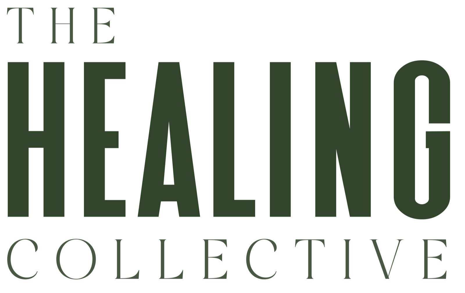 Colour study 4 of 9: The Healing Collective wordmark in a green, sage, tan or near-black pairing