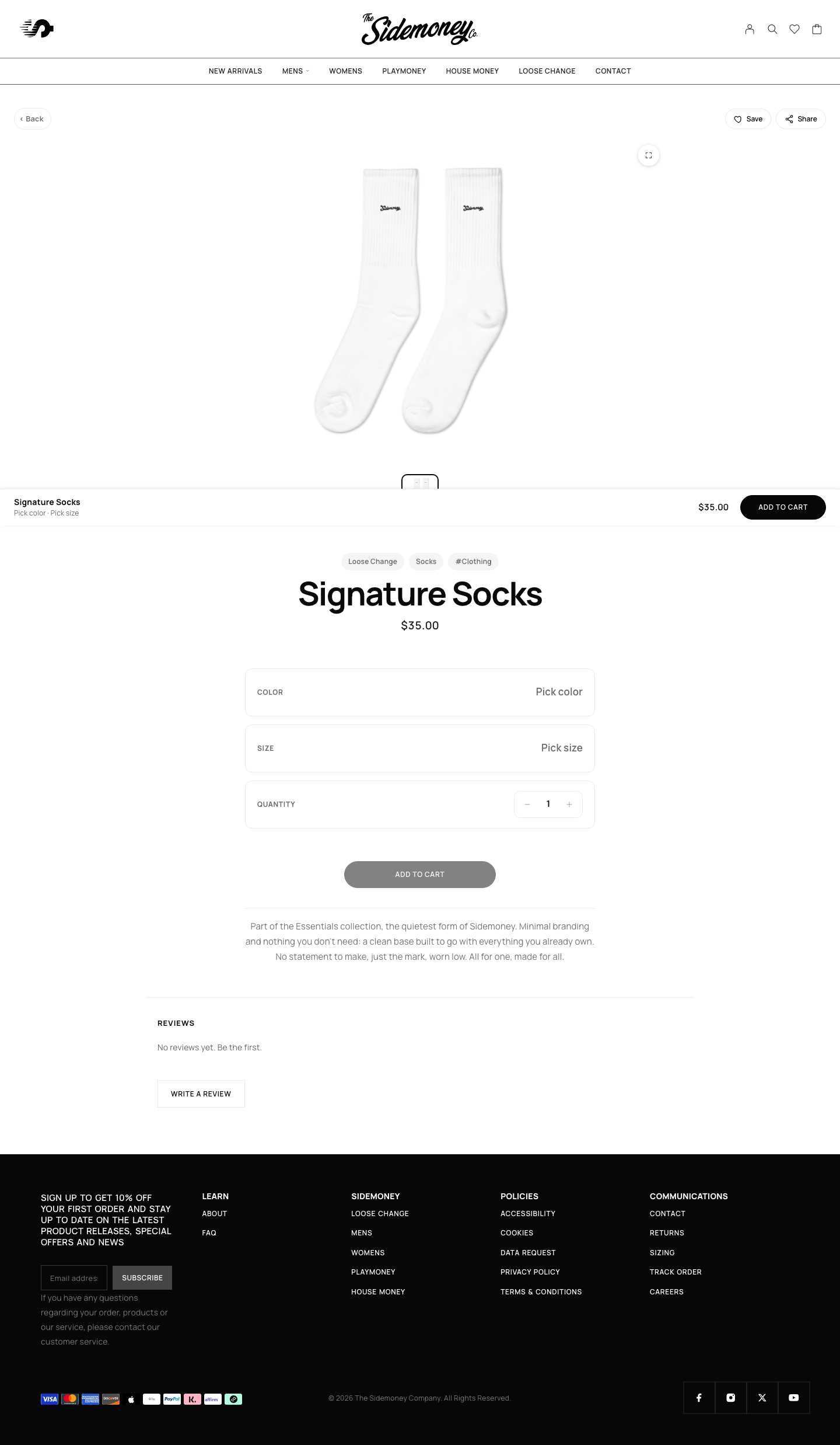 sidemoney.co, Signature Socks product page, Desktop