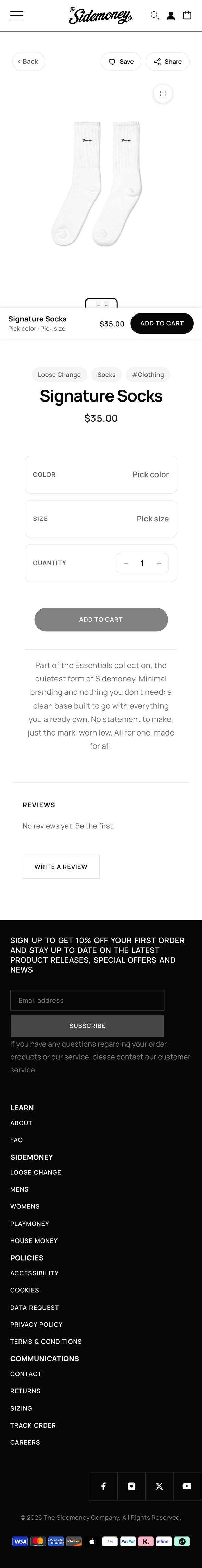 sidemoney.co, Signature Socks product page, Mobile