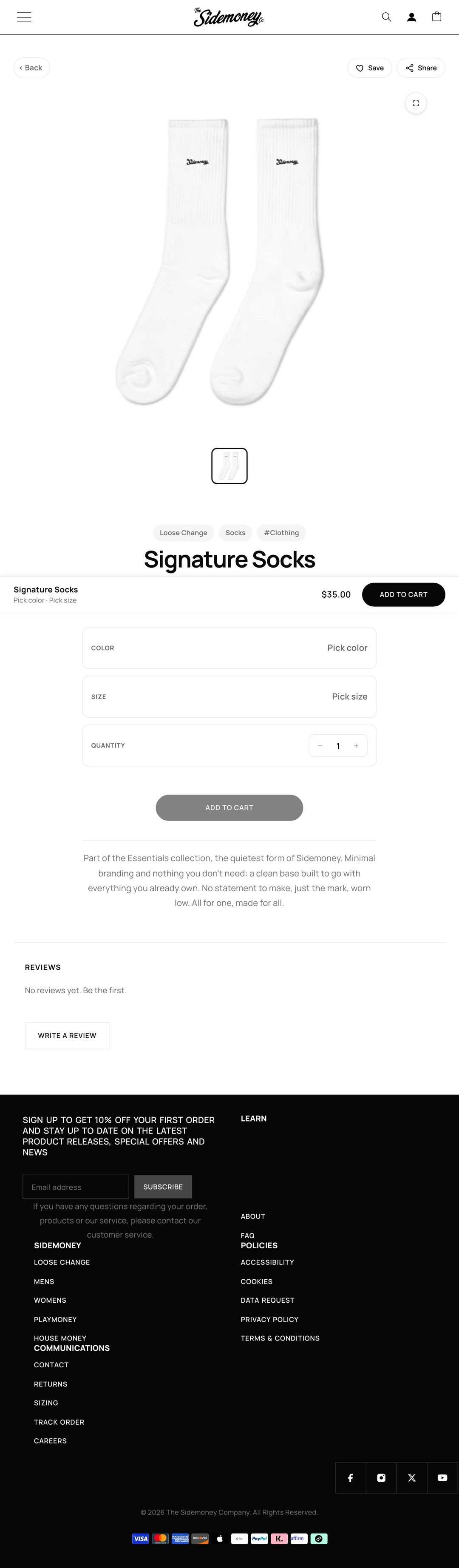 sidemoney.co, Signature Socks product page, Tablet