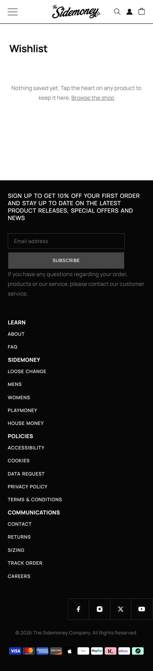 sidemoney.co, Wishlist, empty page, Mobile