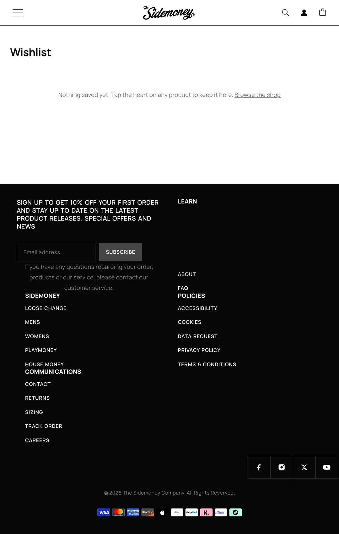 sidemoney.co, Wishlist, empty page, Tablet