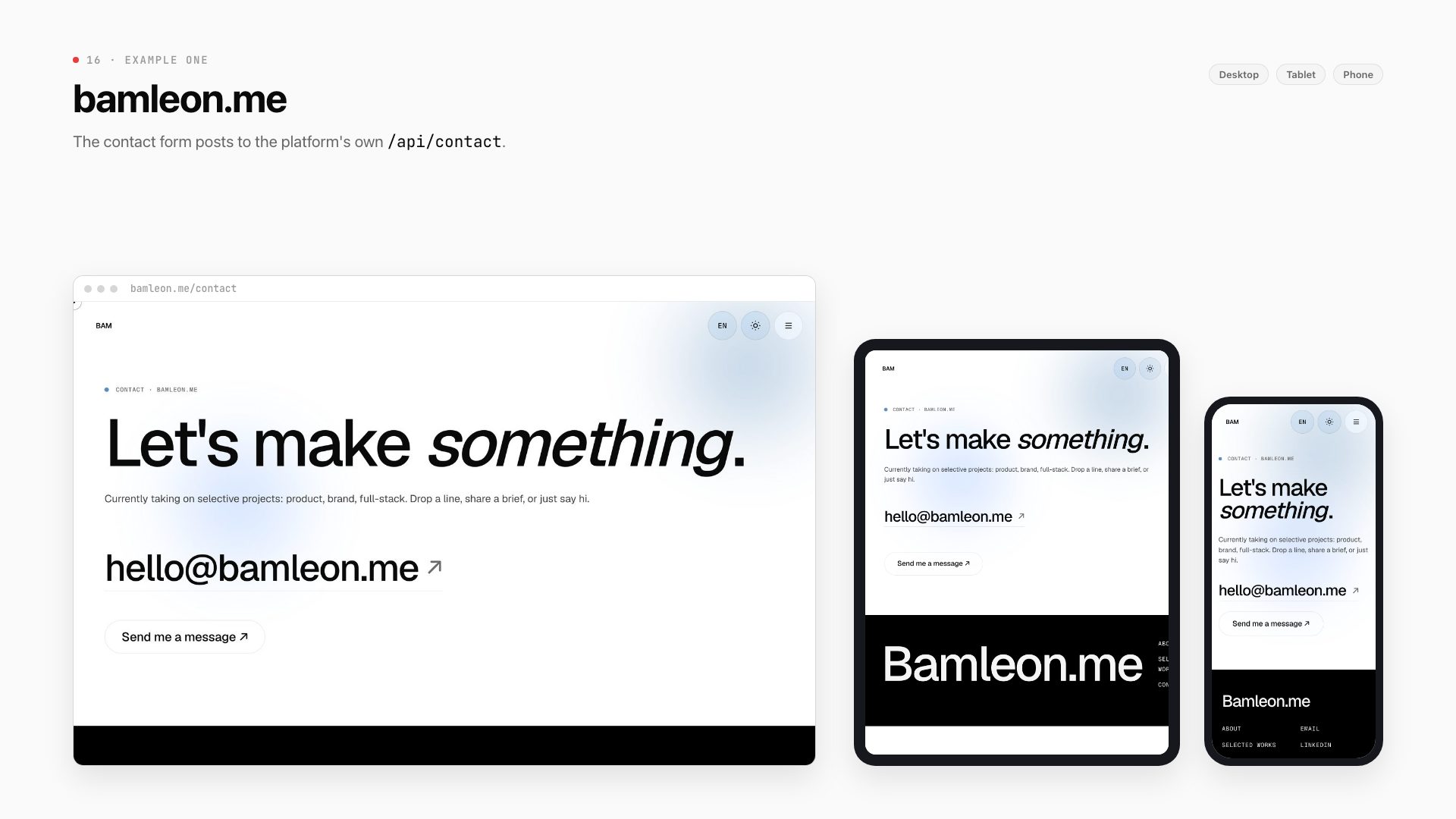 bamleon.me Contact page on desktop, tablet and phone