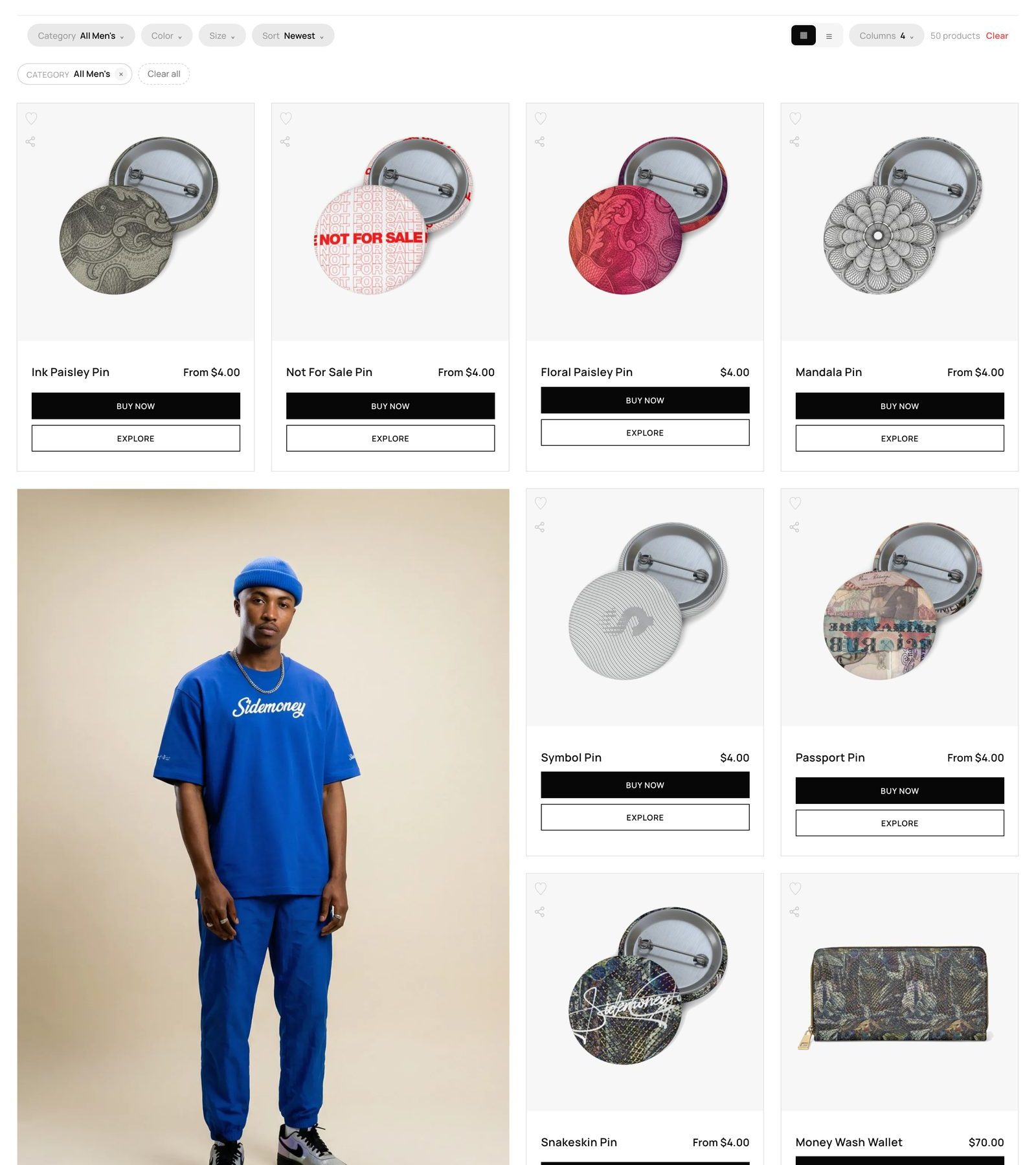 sidemoney.co category page: the product card grid, four across