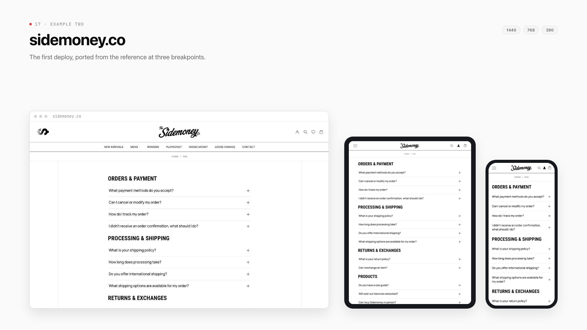 sidemoney.co FAQ page on desktop, tablet and phone