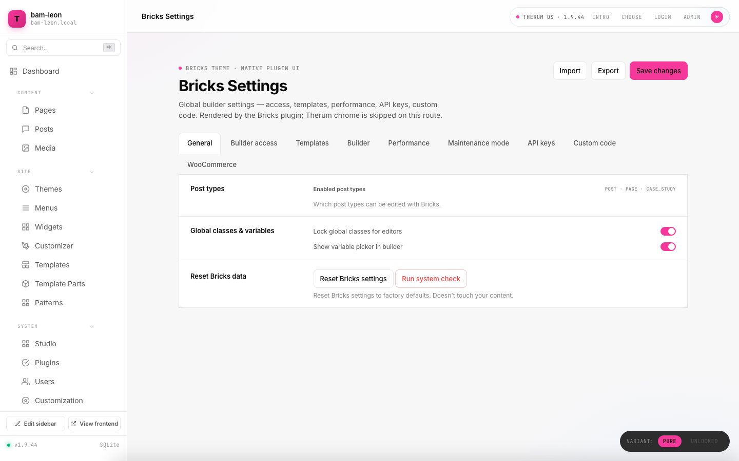 Bricks Settings rendered inside the Therum OS 1.9.44 admin