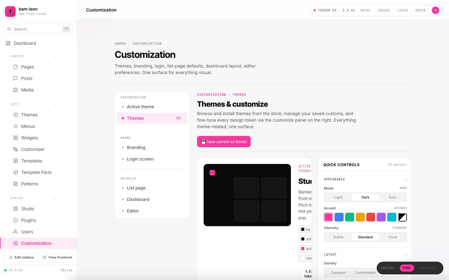Customization in Therum OS 1.9.44: themes and the quick controls panel