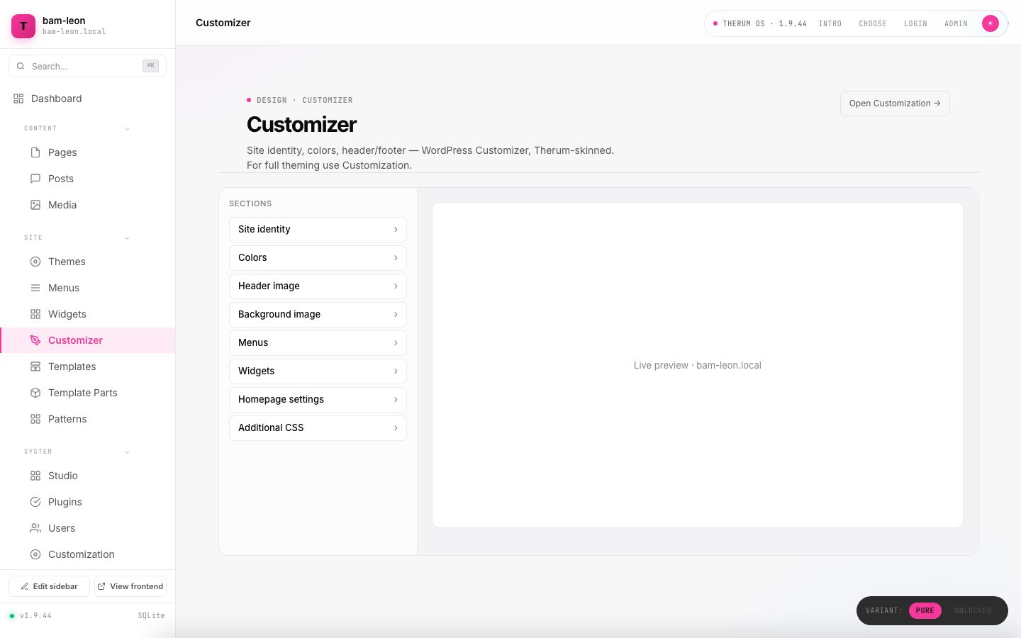 The WordPress Customizer inside the Therum OS 1.9.44 chrome