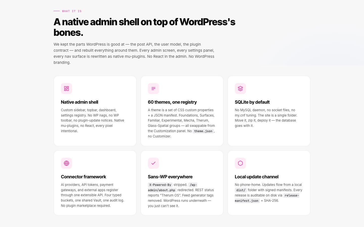 Therum OS 1.9.44 intro: a native admin shell on top of WordPress's bones, six feature cards