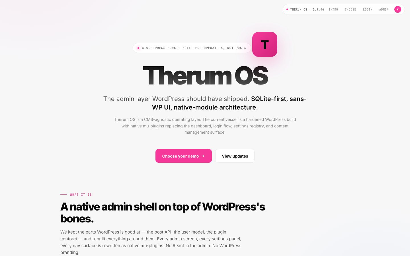 Therum OS 1.9.44 intro screen: the admin layer WordPress should have shipped, with Choose your demo and View updates