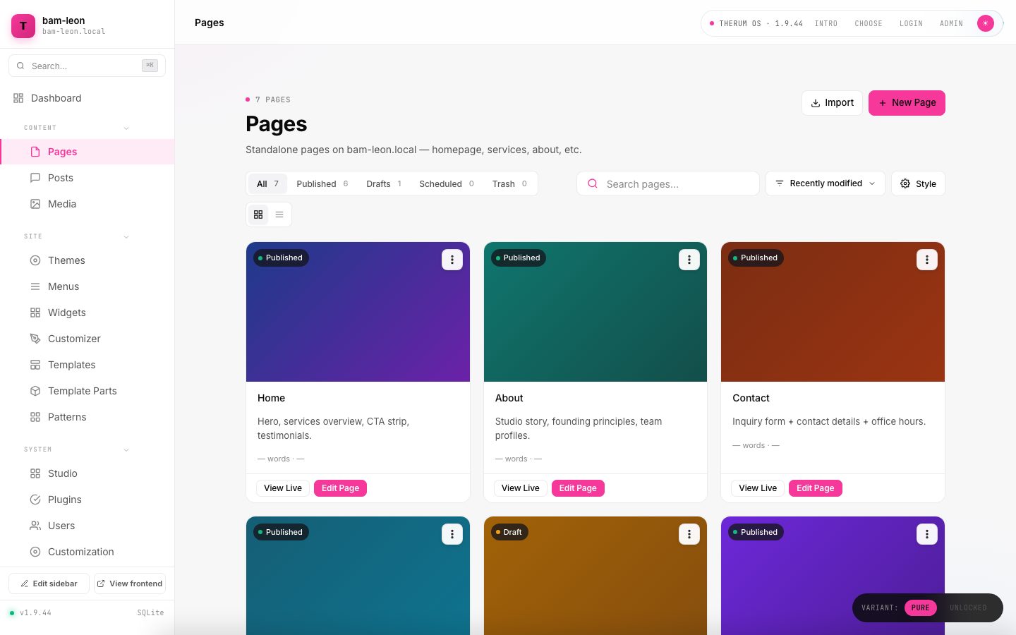 Pages in Therum OS 1.9.44 as a card grid with View Live and Edit Page