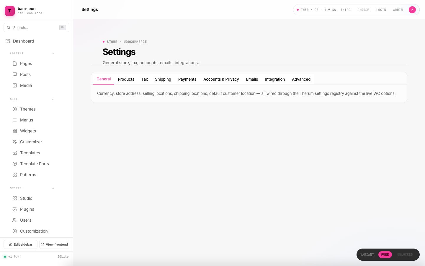 Store settings in Therum OS 1.9.44, wired through the Therum settings registry