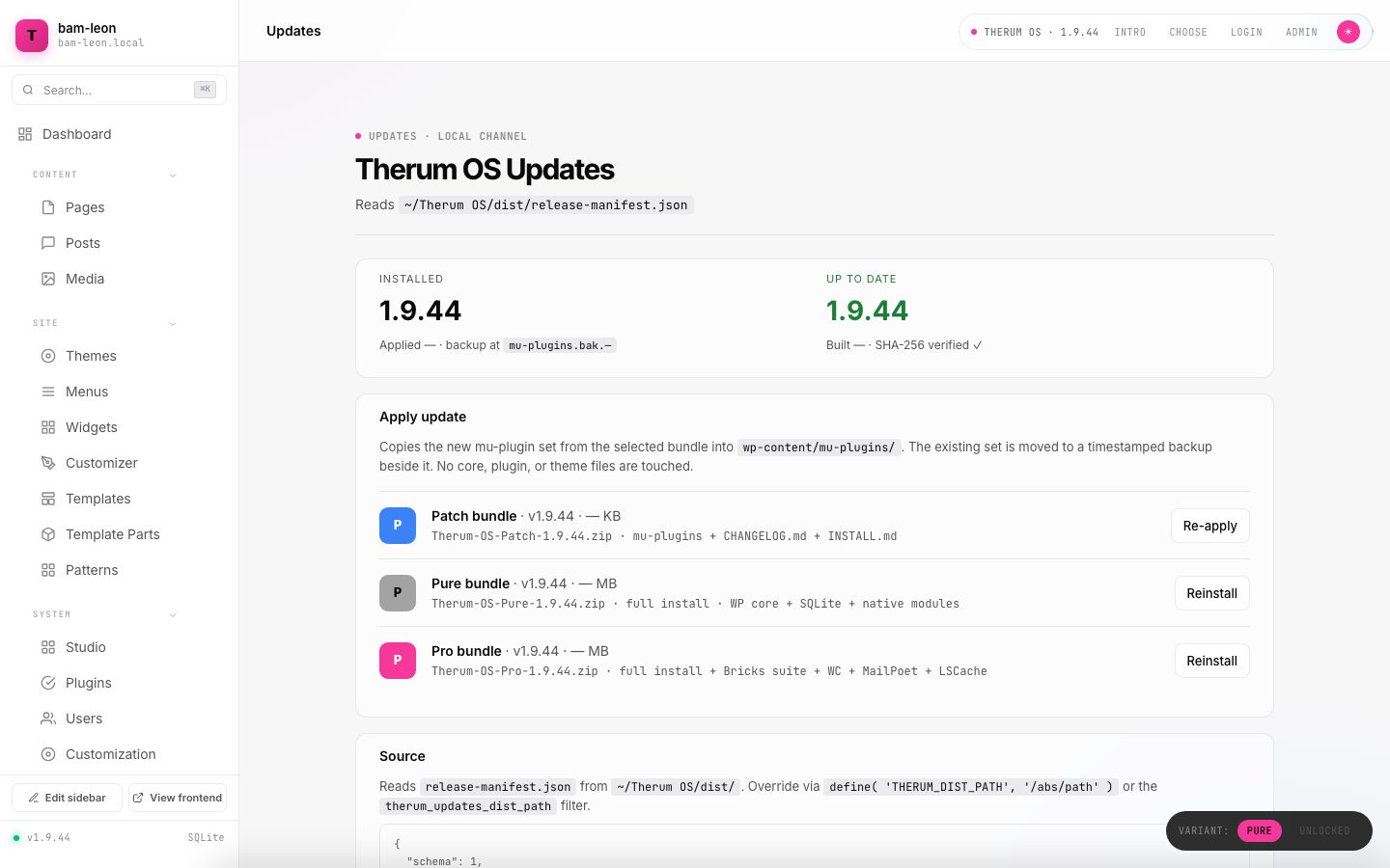 Therum OS Updates in 1.9.44: installed version and the patch, pure and pro bundles