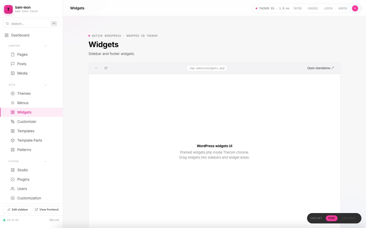 The native WordPress widgets screen wrapped in the Therum OS 1.9.44 chrome