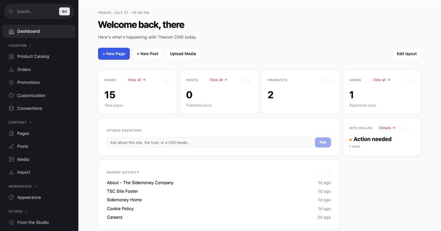 Therum OS 2.0 dashboard: Counter, Content and Studio in one sidebar, the Studio assistant on the dashboard