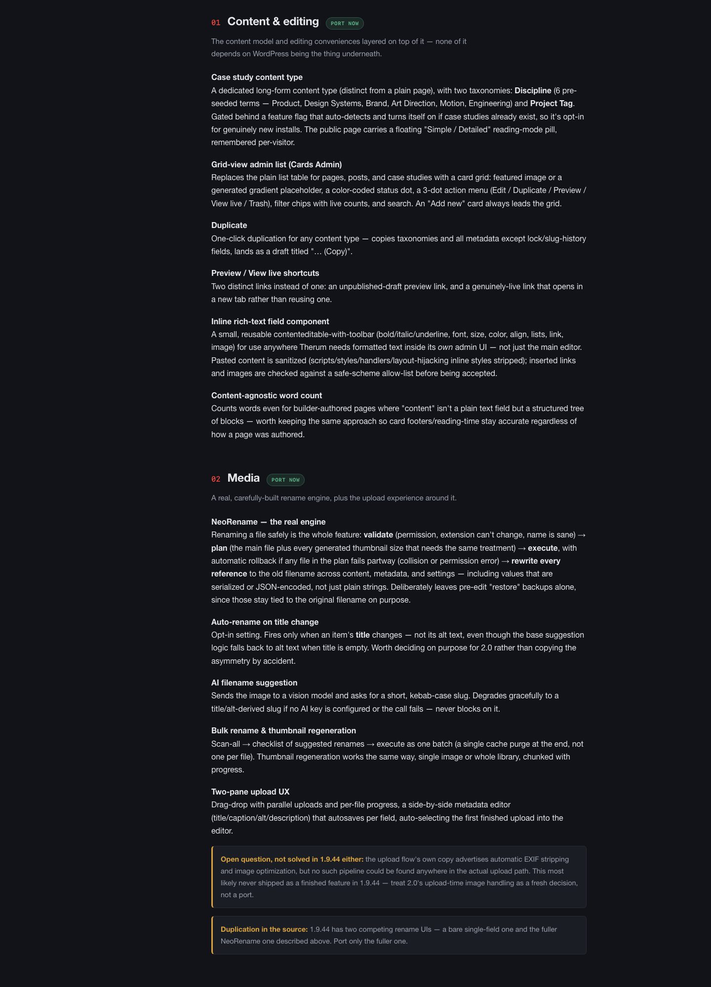 The 1.9.44 feature inventory, section by section