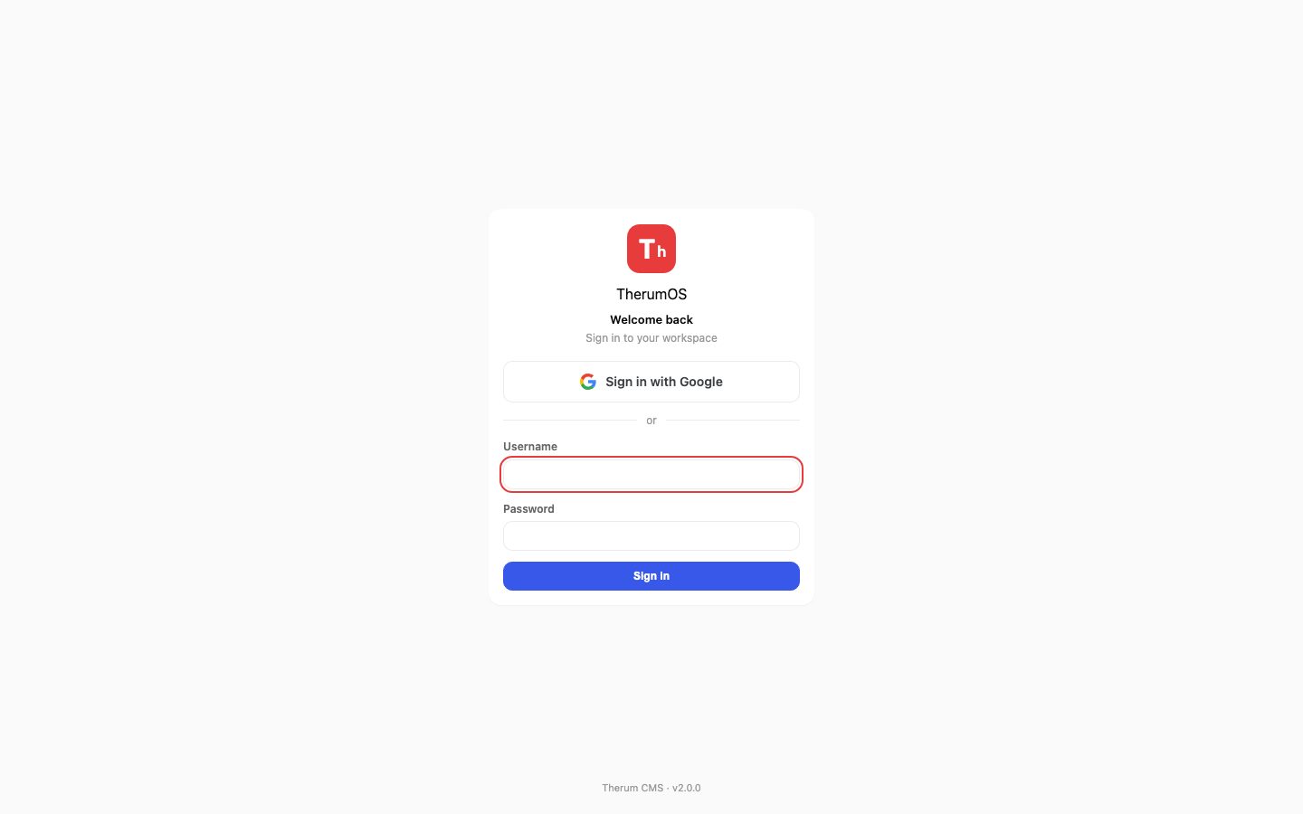 Therum OS 2.0 sign in: Sign in with Google, username and password