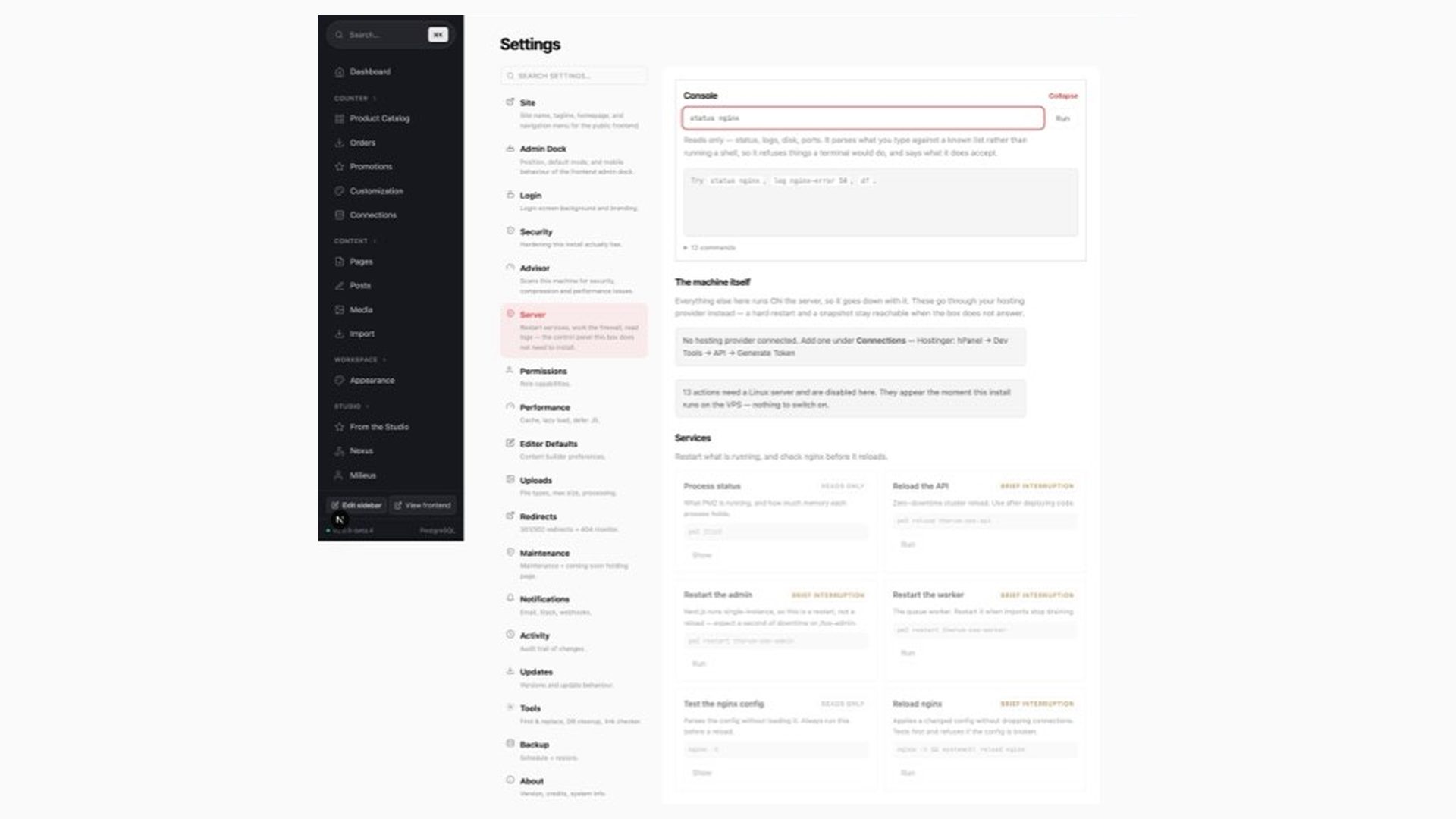 Settings, Server: the console, the machine itself and the services actions