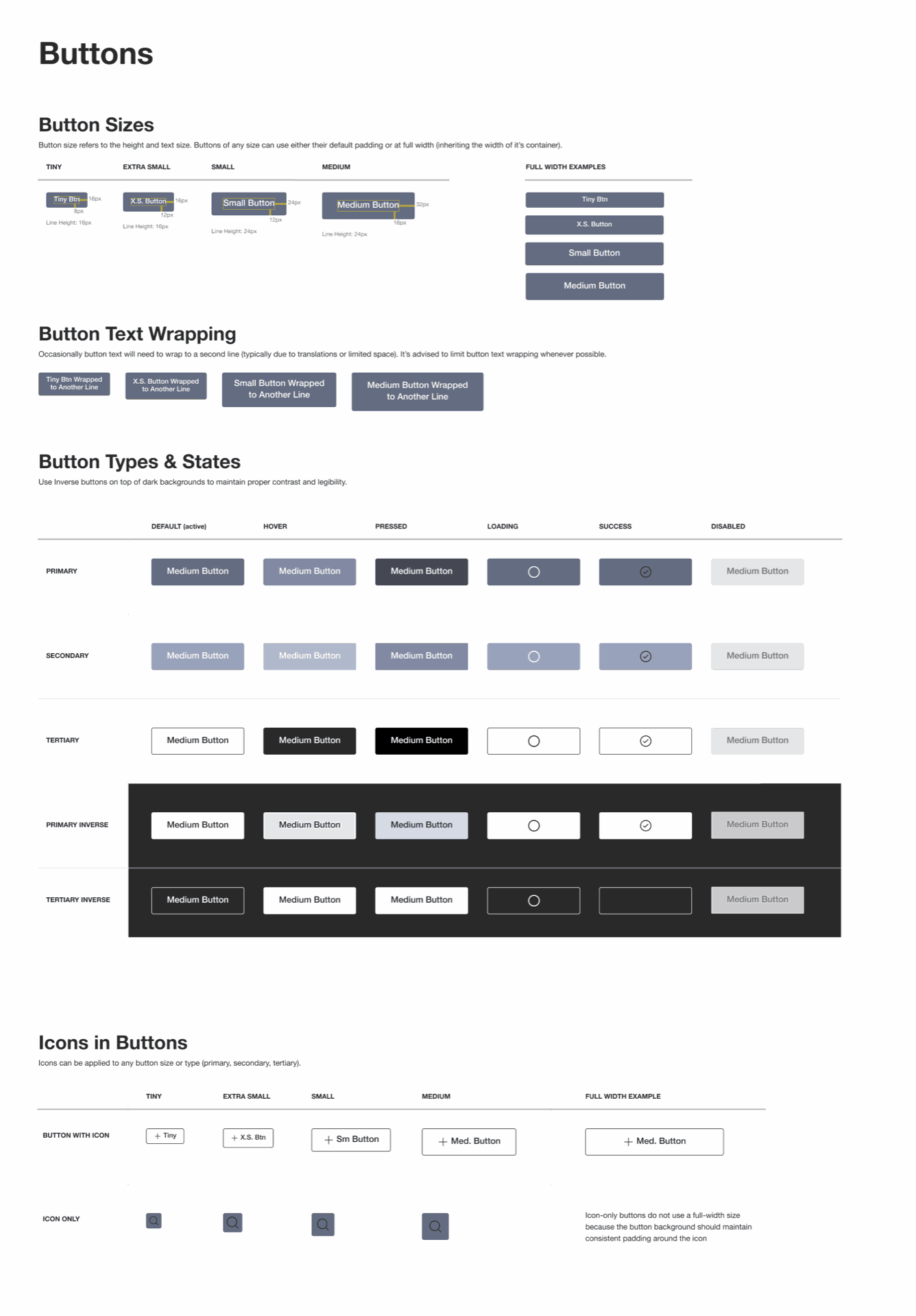 Buttons component sheet: button sizes, text wrapping, button types and states, and icons in buttons