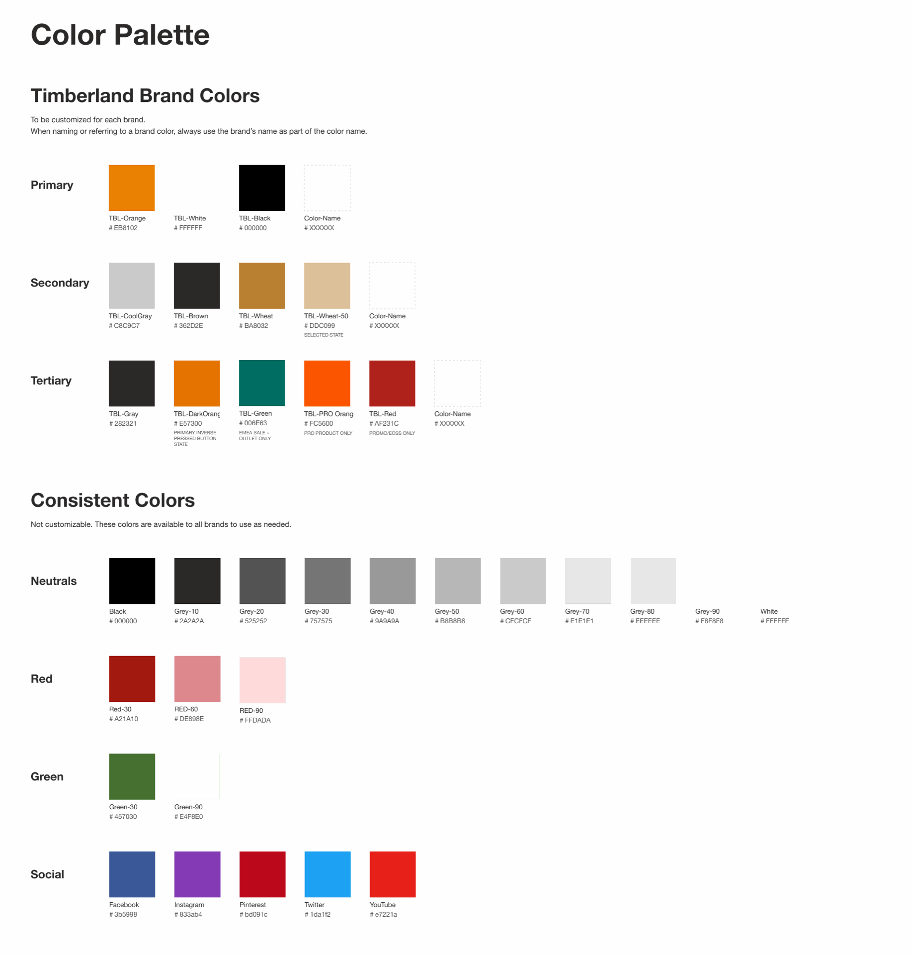 Color palette board: Timberland brand colors in primary, secondary and tertiary swatches, then neutral, red, green and social colors
