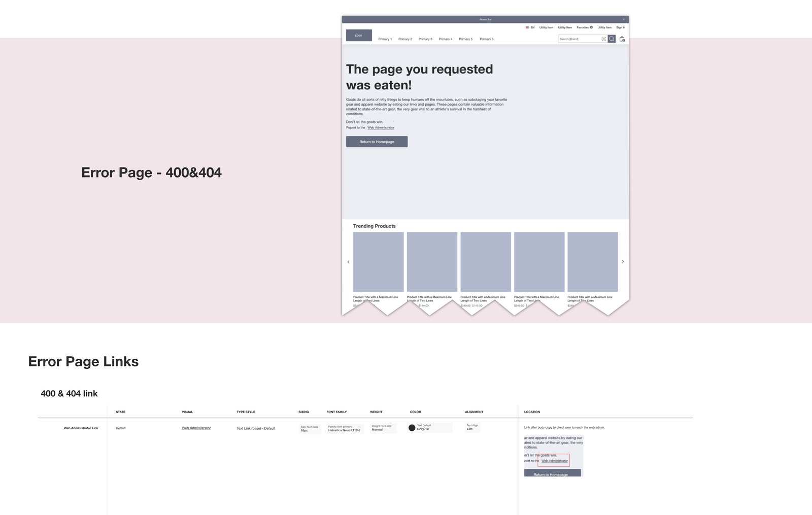 Error page documentation: the 400 and 404 page wireframe and its link spec