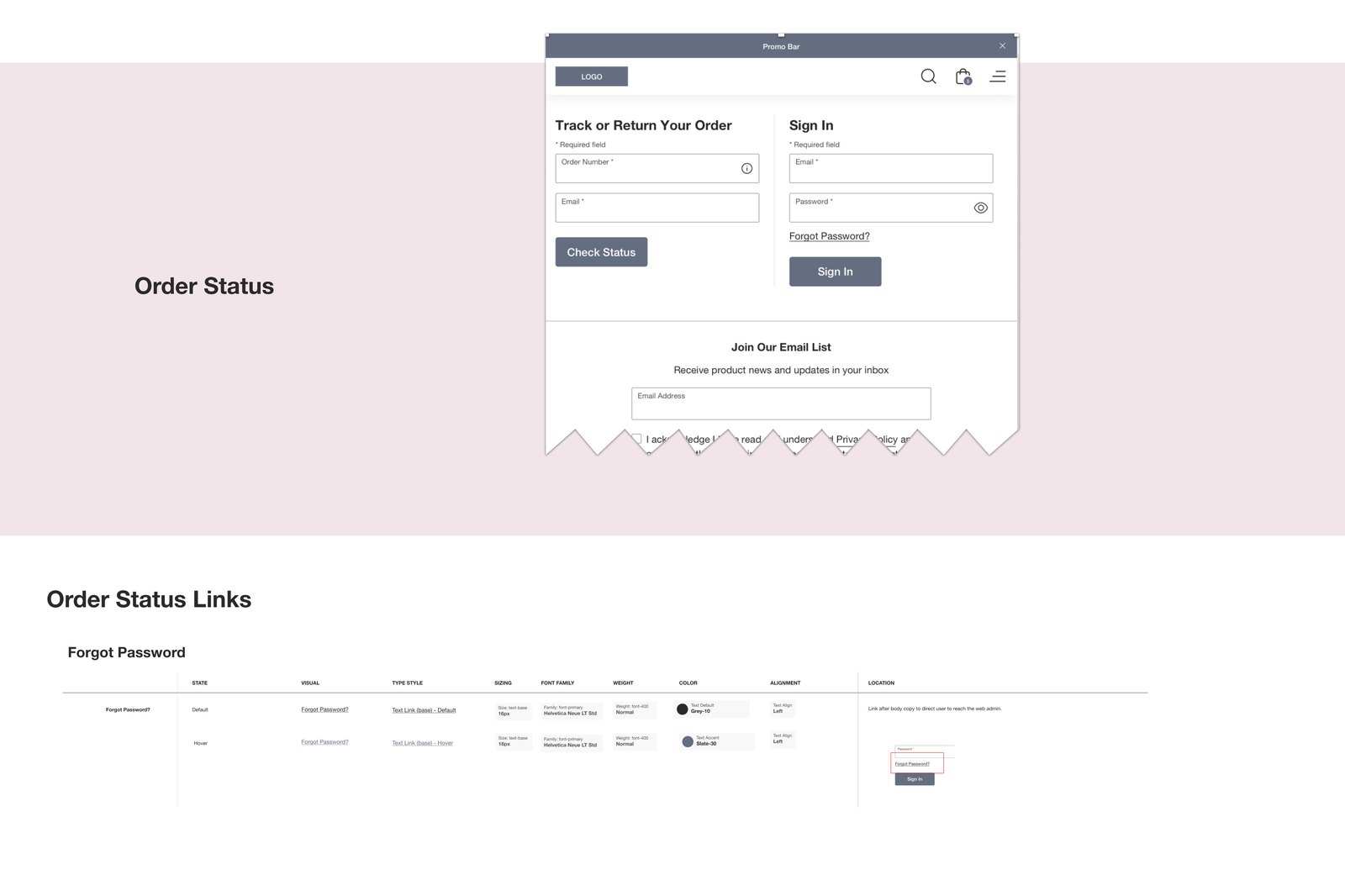 Order status documentation: the track or return your order wireframe and its link spec