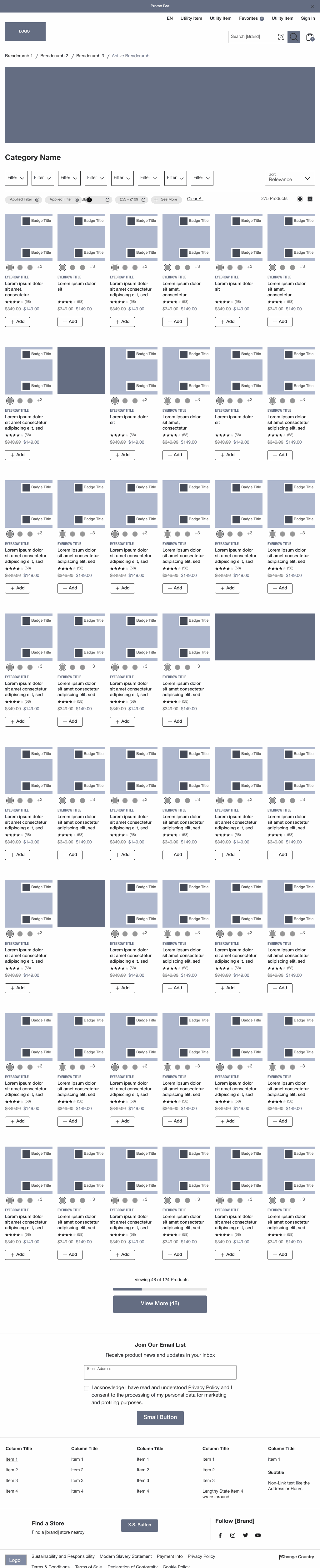 Product listing page wireframe at 1024: category banner, a row of filters, a six-column product grid, the email signup and the footer