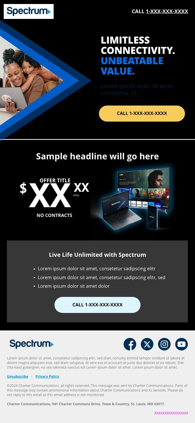 Spectrum rebrand email exploration, Angular 01, dark mode