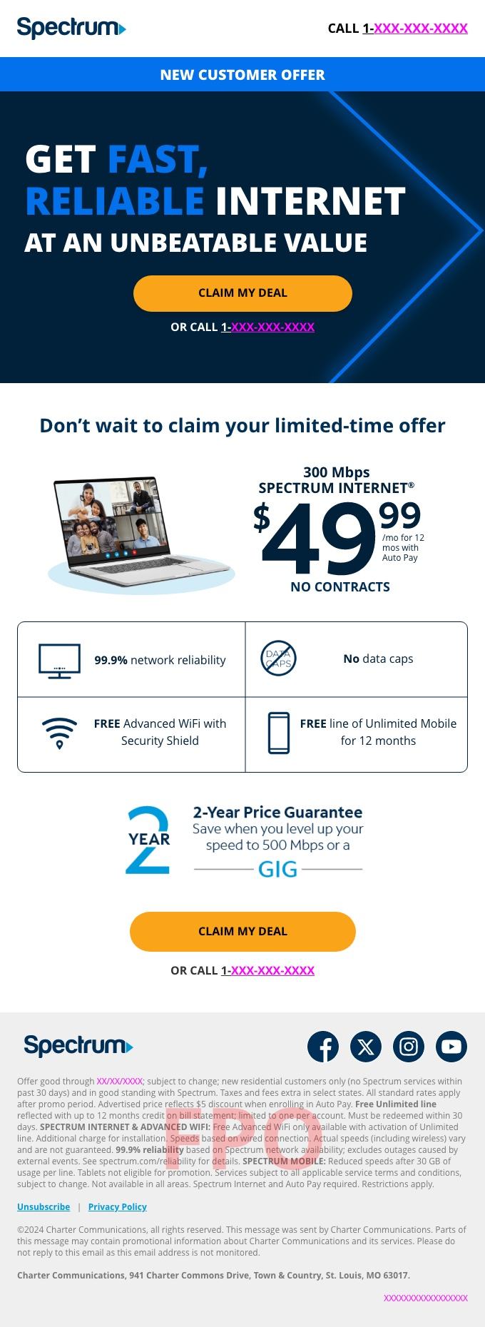 Spectrum acquisition email, new customer offer