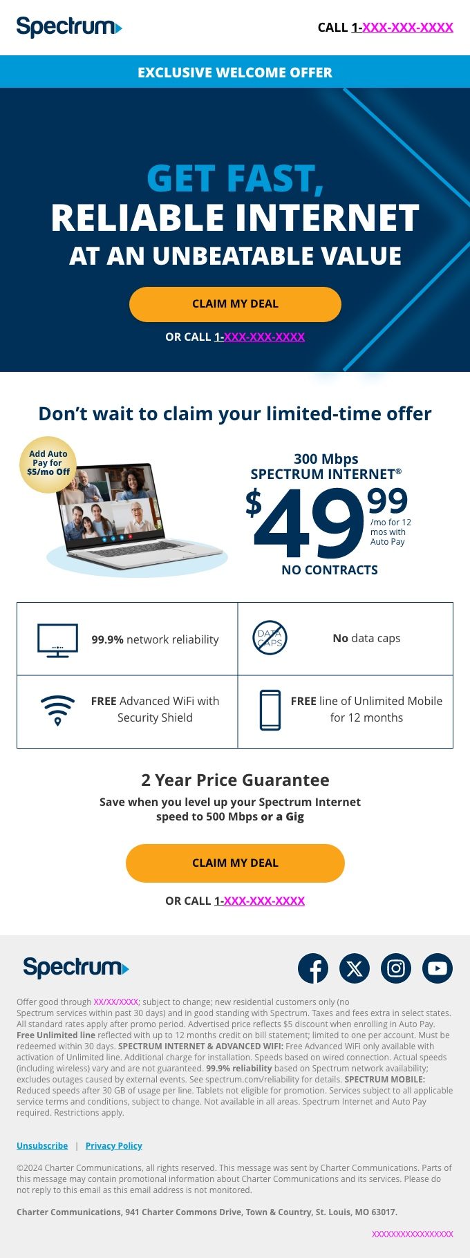 Spectrum acquisition email, exclusive welcome offer