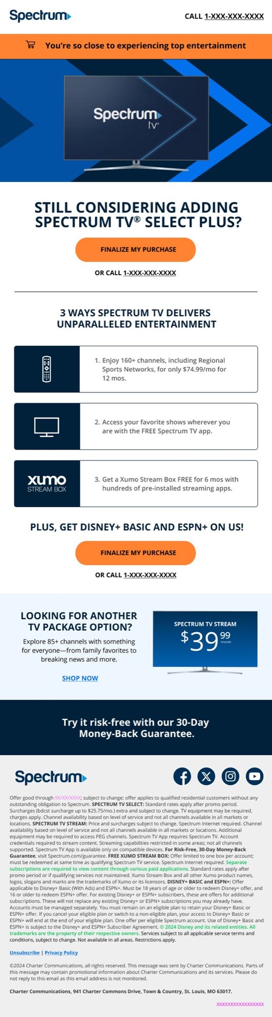 Spectrum TV Select Plus upsell email, still considering