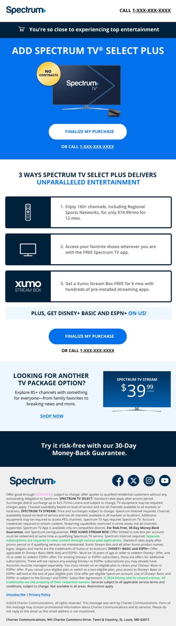 Spectrum TV Select Plus upsell email, add TV Select Plus