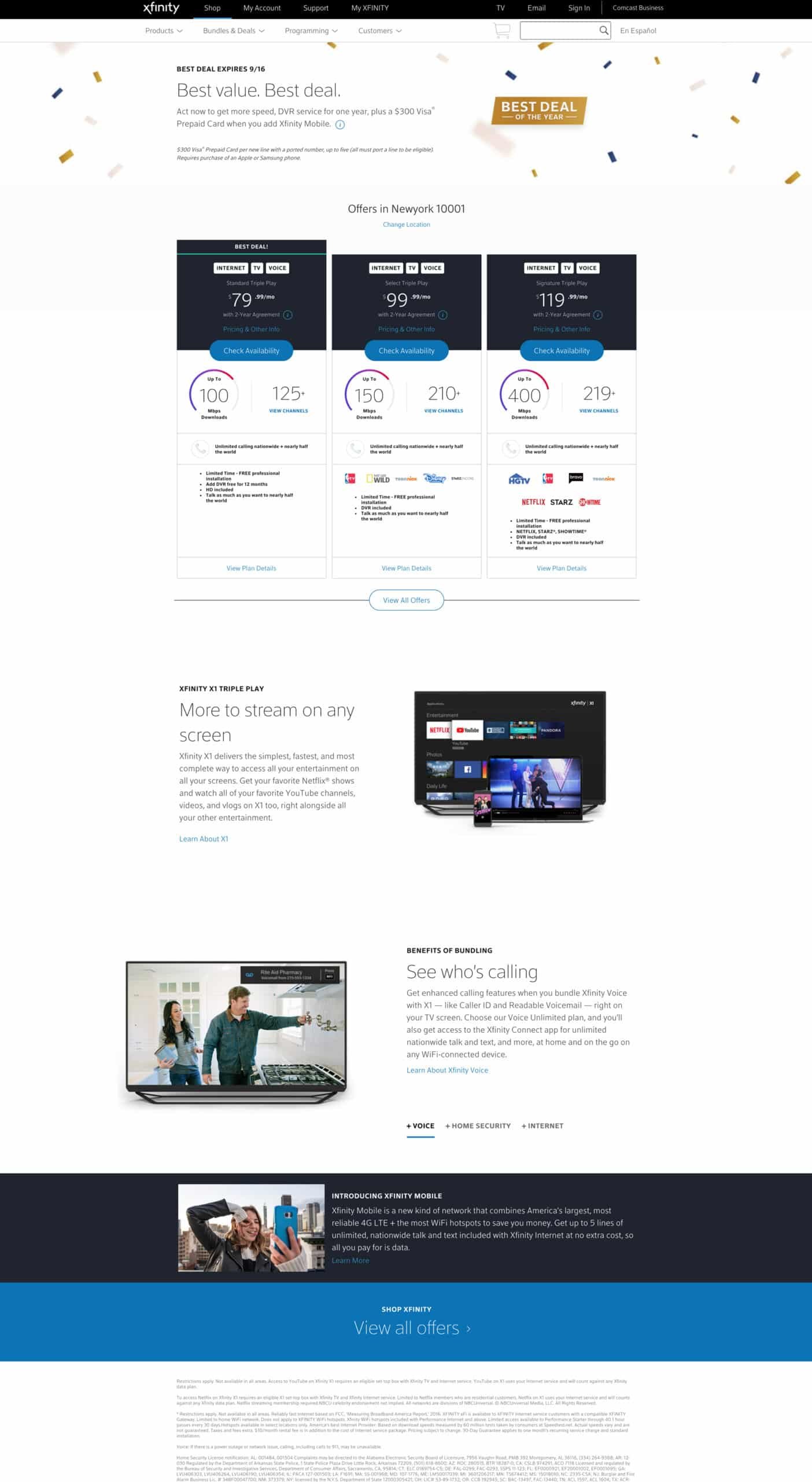 Xfinity Best Value header, price-led plan tier surface