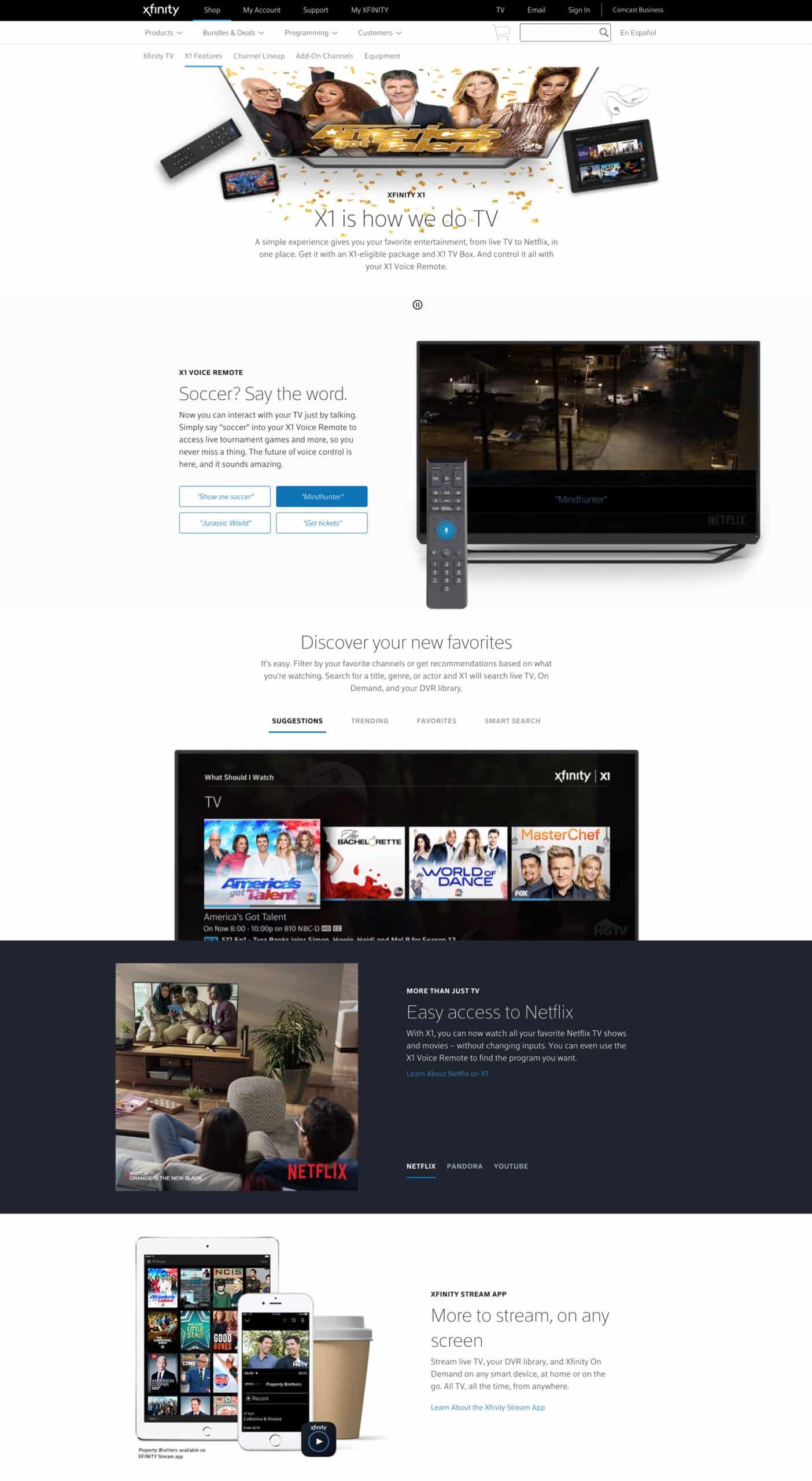 Xfinity Quad Play header, Internet, TV, Voice, Mobile bundle