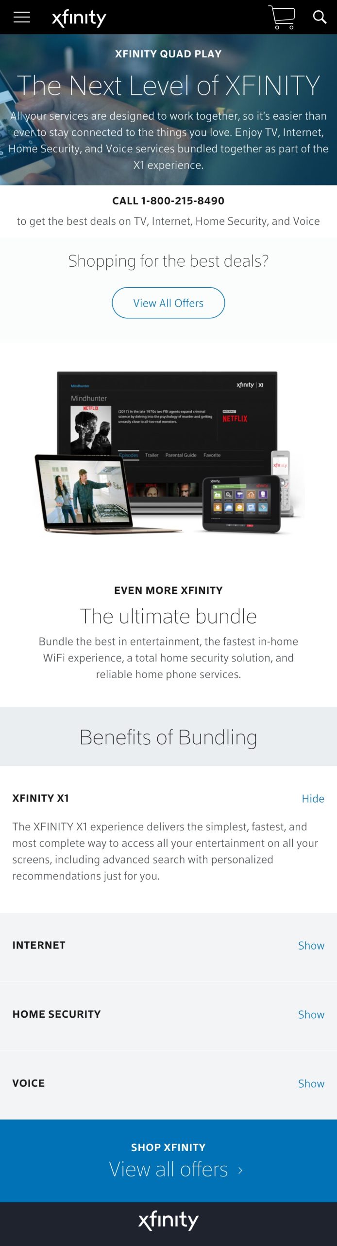 Xfinity mobile, same page, mobile breakpoint, scrollable