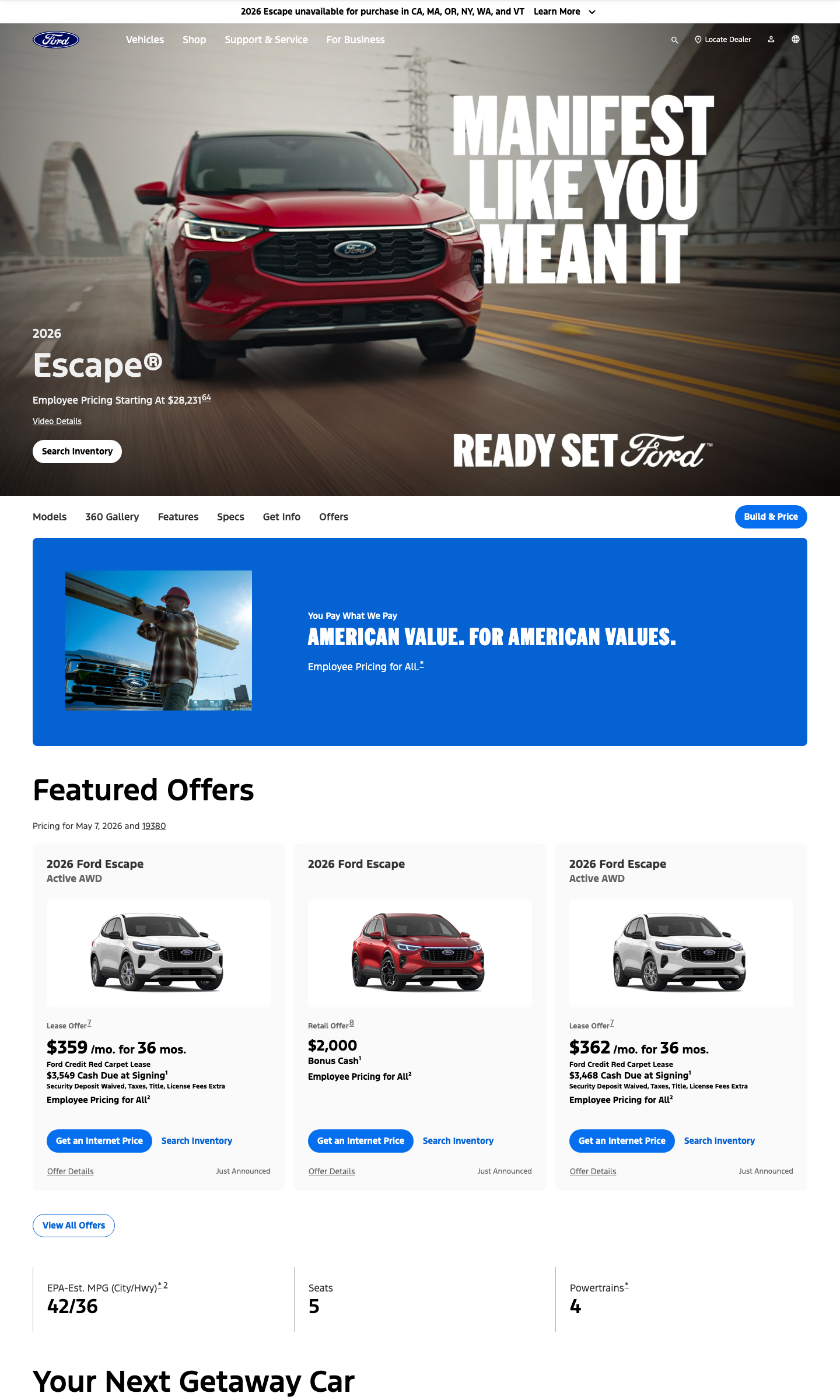 Ford Escape SUV page