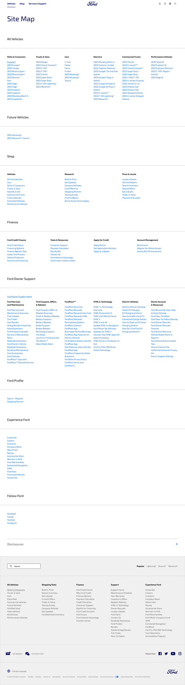 Site Map page, all vehicles, shop, finance and owner support