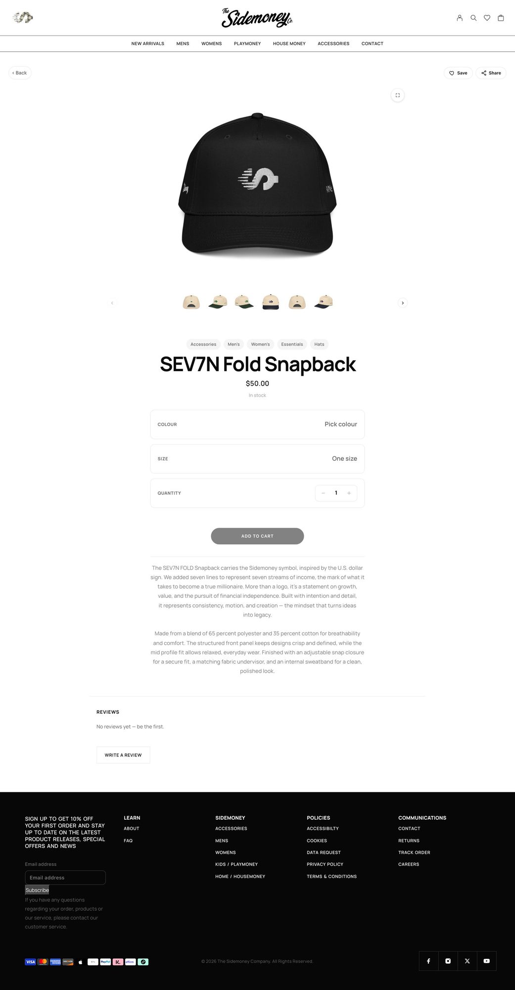 sidemoney.co, Se7en Fold Snapback product page, Desktop