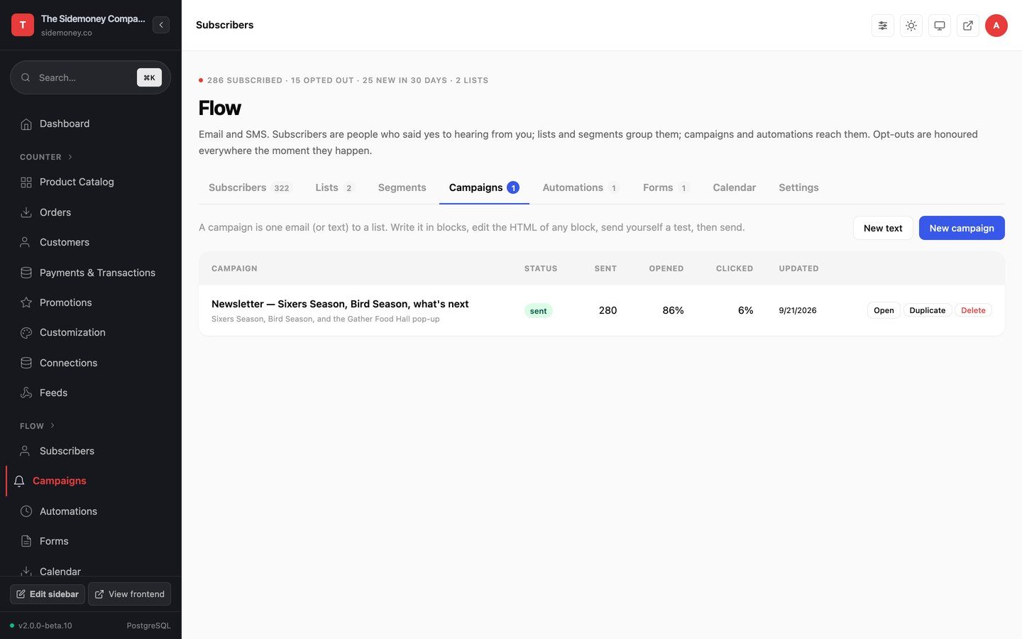 Flow campaigns screen: one newsletter campaign, sent to 280, 86% opened
