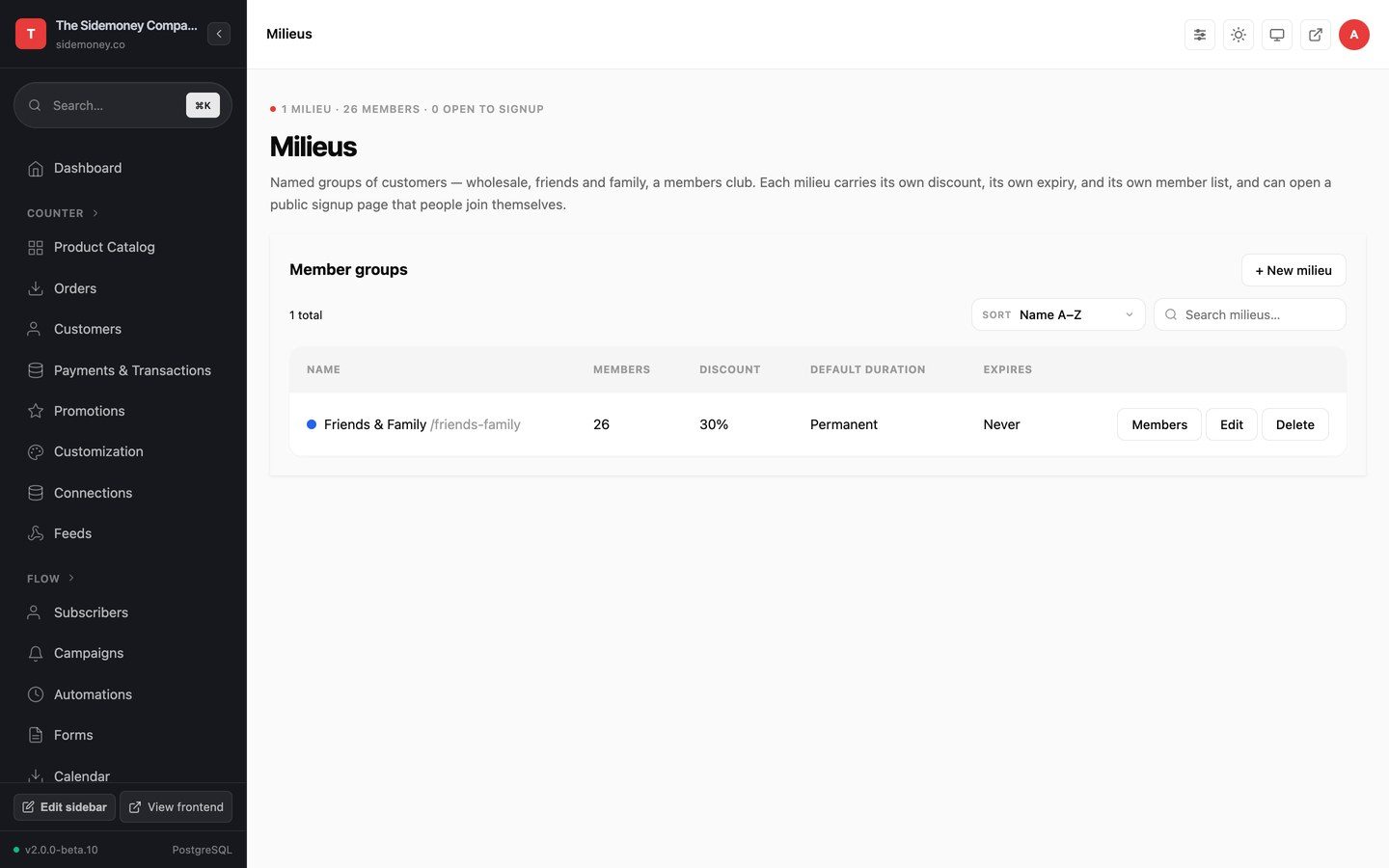 Milieus admin screen: named customer groups, here Friends and Family with 26 members and a 30% discount