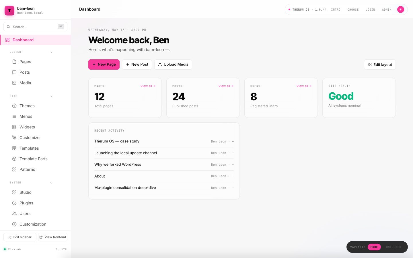 Therum OS 1.9.44, the admin dashboard